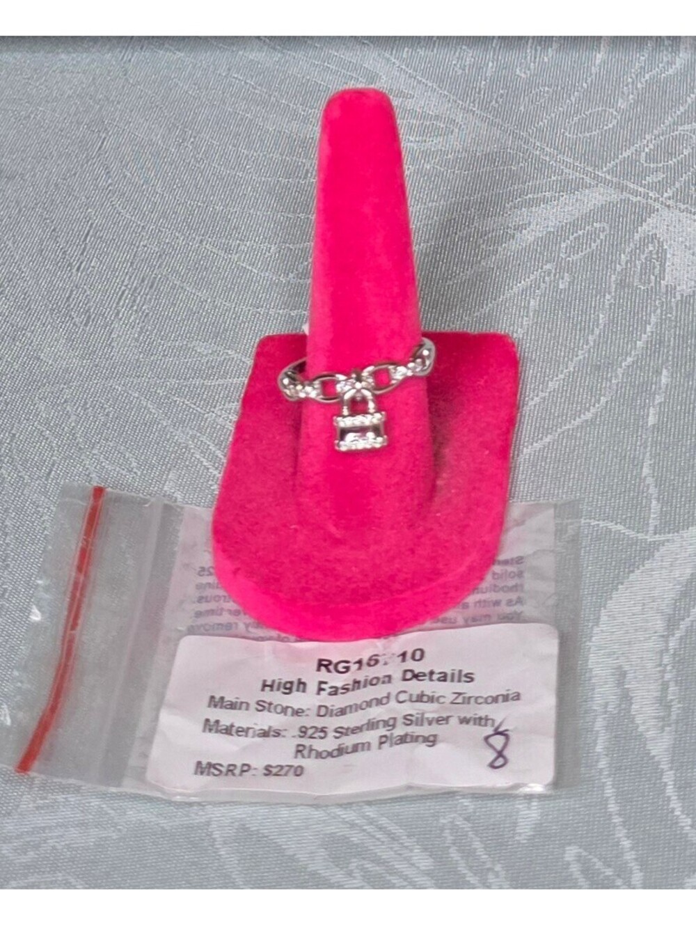 High Fashion Details Silver Ring with Cubic Zirconia Lock Charm Sz8